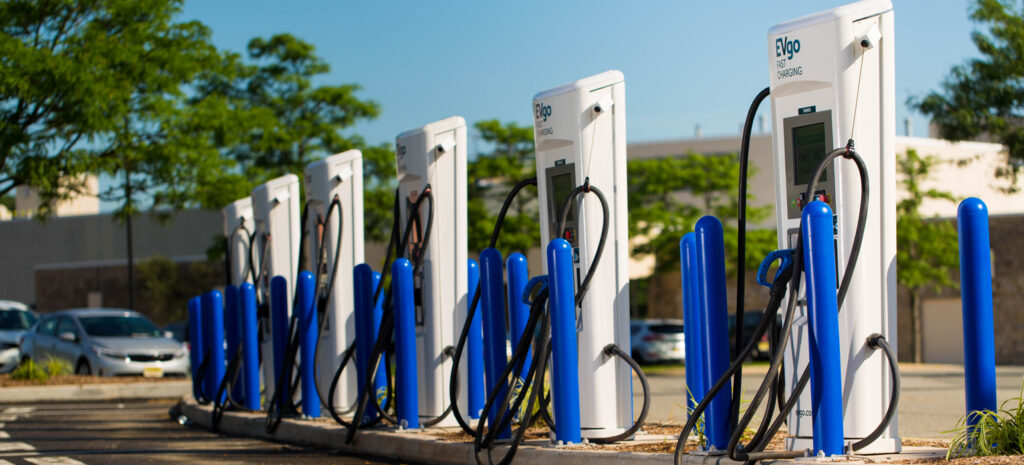 A row of EV charging stations lined up.