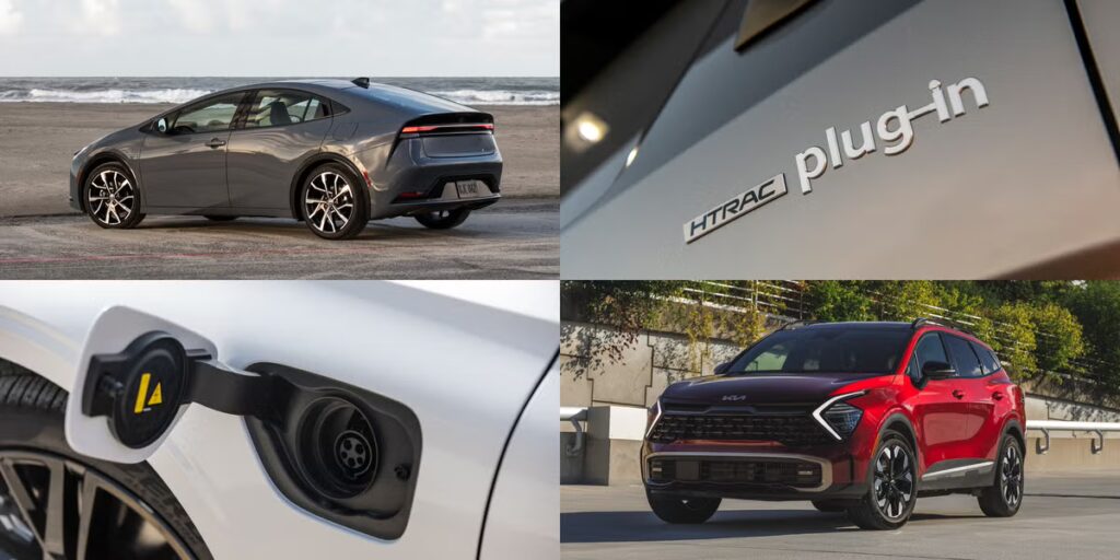 Two PHEV vehicles and a close up images of a gas tank and name of trim