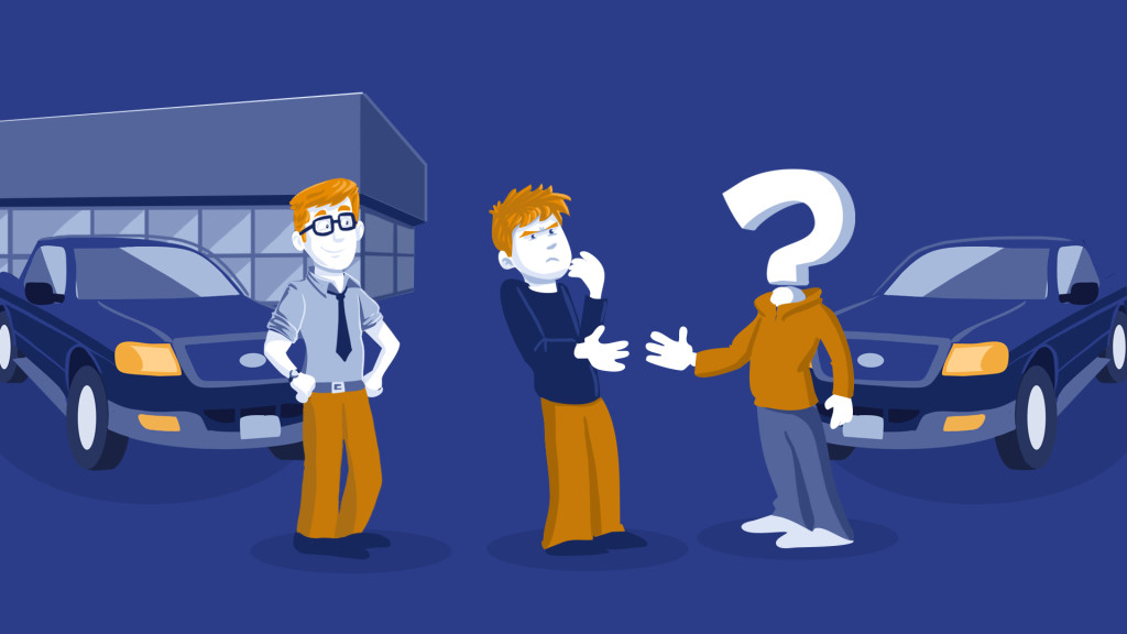 A buyer standing in the middle of a dealer and a private seller questioning if he/she should trust the private seller