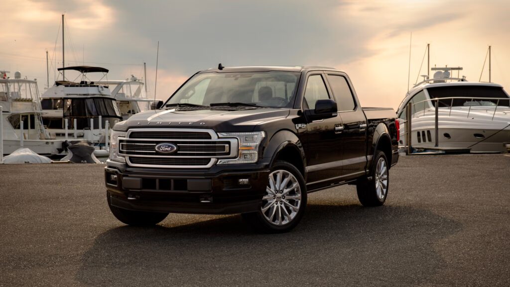 a black 2020 Ford F-150 parking near a dock with boats behind