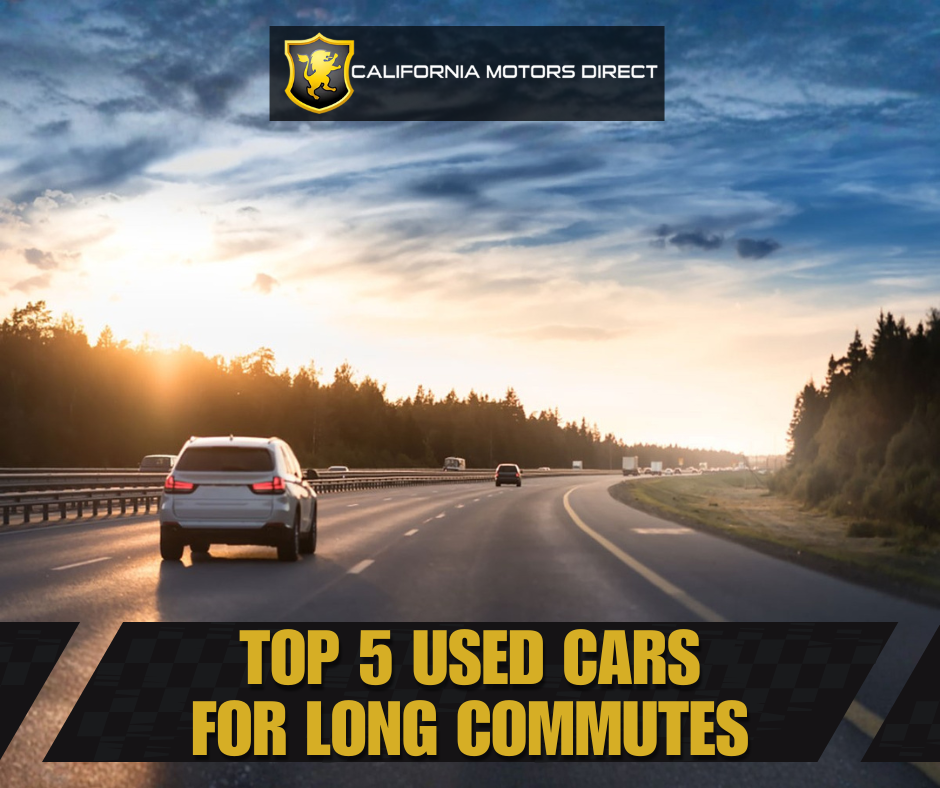 A vehicle driving on a highway at sunset with text highlighting top used cars for long commutes